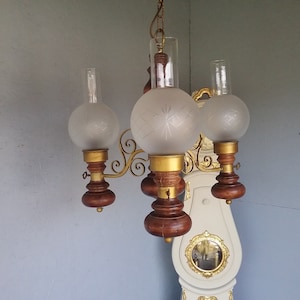 Antique three arm chandelier in wrought iron and wood, Scandinavian chandelier with shades, massive chandelier