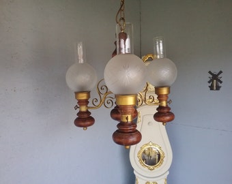 Antique three arm chandelier in wrought iron and wood, Scandinavian chandelier with shades, massive chandelier