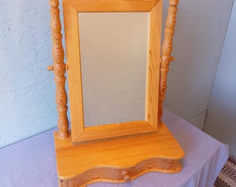 Antique Swedish Shaving Mirror: Turned Wood Swivel Stand & Drawer