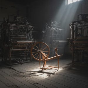 May include: A wooden spinning wheel stands on a wooden floor in a dimly lit room. Behind it are several large, dark, industrial weaving looms covered in cobwebs. A single beam of light shines down from above, illuminating the spinning wheel.