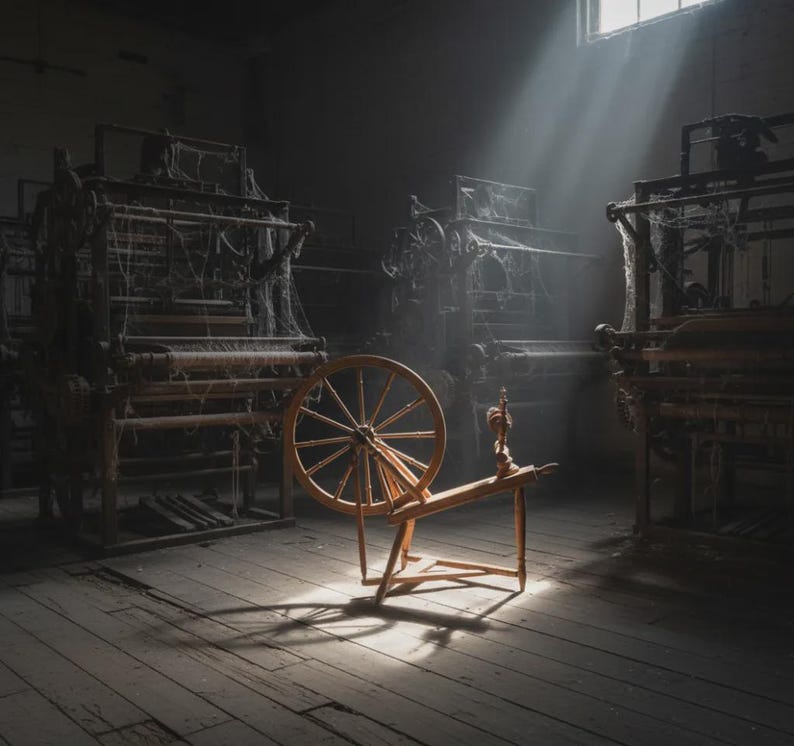 May include: A wooden spinning wheel stands on a wooden floor in a dimly lit room. Behind it are several large, dark, industrial weaving looms covered in cobwebs. A single beam of light shines down from above, illuminating the spinning wheel.