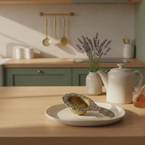Può includere: Un colino da tè in metallo dorato con un manico ornato da rilievi floreali e una coppa perforata poggia su un piatto in ceramica bianca. Vicino, una teiera in ceramica bianca, un piccolo vaso di lavanda e un vasetto di miele con mestolo.