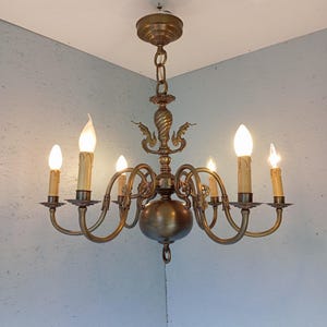Vintage large six arm brass chandelier, stunning mid-century chandelier, chandelier with electric candles, pendant lamp, palace chandelier