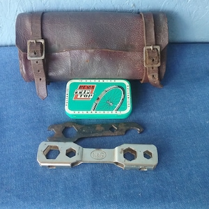 Bicycle wrench set with vintage bag, old wrenches, antique tools, vulcanizing repair kit