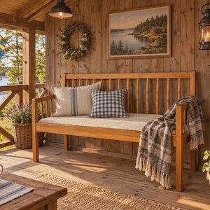 May include: A wooden bench with a spindle back, featuring a beige cushion, a beige pillow with a blue stripe, a blue and white checkered pillow, and a grey plaid throw blanket with fringe, set on a porch with a Swedish flag and wooden walls.