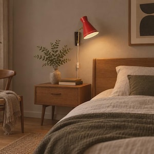 Può includere: Una lampada da parete rosso brillante con paralume conico e cavo bianco, posizionata sopra un comodino in legno. La lampada emette una luce calda che illumina la zona notte, che include un piccolo vaso con fogliame verde e dei libri impilati.
