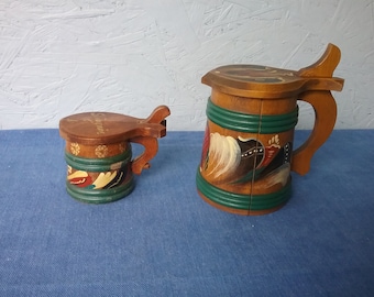 Boccale da birra svedese in legno d'epoca, dipinto a mano, arte popolare, Rosemaling