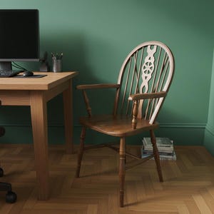 Sillón Windsor inglés eduardiano del siglo XIX, decoración de casa de campo, sillón antiguo, silla vintage maciza