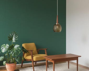Vintage Danish Teak Pendant Lamp with Textured Glass Shade
