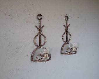 Pair of Swedish wall/table candle holders handmade from wrought iron, vintage brutalist scandinavian wall lamp, home decor