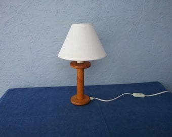 Wooden industrial textile lamp on a spool, scandinavian vintage turned wood table lamp, lamp with lampshade, stylish lamp