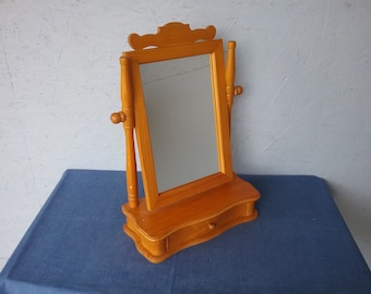 Vintage wooden swivel make-up mirror with drawer, swivel shaving mirror, Scandinavian wooden dressing table, mirror stand