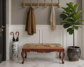 Vintage French carved bench, window seat with floral tapestry.