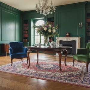 May include: A room with dark green paneled walls, a wooden dining table, and two tufted armchairs in blue and green. A large floral arrangement sits on the table, which is placed on a red, blue, and cream patterned rug over a herringbone floor.