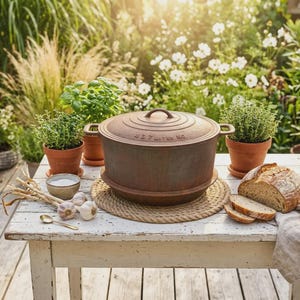 Antieke Scandinavische gietijzeren pot uit de jaren 1920 met deksel, 7 liter, in rustieke cottagecore-stijl.