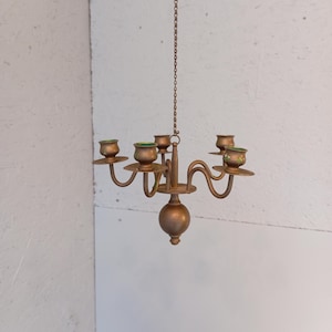 Vintage Brass 5-Arm Candle Holder: Mid-Century Scandinavian Hanging Candlestick