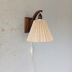 Vintage wooden wall lamp with pleated lampshade, Scandinavian lighting, stained pine wall lamp, housewarming gift