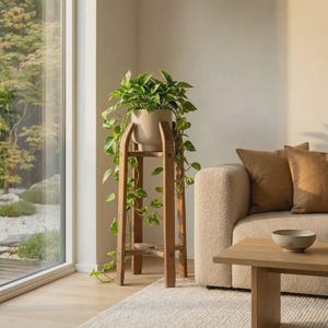 May include: A tall, four-legged wooden plant stand with a light brown finish, supporting a smooth, light-colored ceramic pot. A trailing green pothos plant with variegated leaves cascades down the sides of the stand, which is positioned on a light-colored floor.