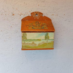 Antique Hand-Painted Wooden Wall Box: Scandinavian Folk Art Decor