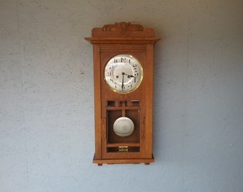 Large antique Junghans wall clock 1890-1920, pendulum wall clock, German wooden clock, spiral gong ''Kaiser Gong DRP'', grandfather clock