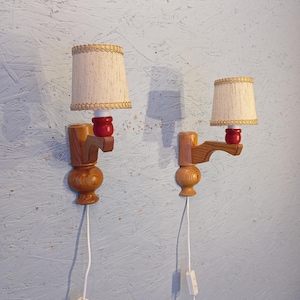 Pair of Scandinavian wooden vintage wall lamps with lampshades, handmade, turned pine wall lamps, housewarming gift