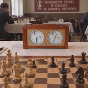 May include: A wooden analog chess clock with two white circular faces and black hands sits behind a wooden chessboard featuring light and dark squares with white and black chess pieces arranged in a mid-game position. The clock displays the brand name GARDE.