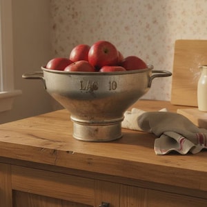 May include: A vintage metal colander with two side handles and the text LAC 10 embossed on the front. The bowl is filled with several bright red apples. The colander has a wide, tapered basin and a circular base, showing a weathered metallic finish.