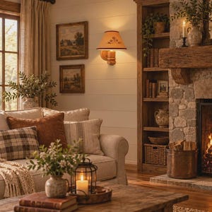 May include: A wall-mounted lamp with a light-coloured, tapered shade featuring a dark floral pattern. The lamp has a wooden base and emits a warm, soft glow against a white shiplap wall, positioned between two framed landscape paintings.