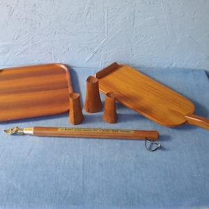 Vintage teak kitchen equipment set, teak spice containers, teak trays, teak bottle opener, Scandinavian kitchen, housewarming gift