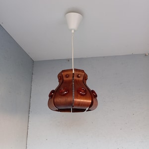 Vintage Teak Veneer Pendant Lamp: Amber Glass Prisms, Swedish Design