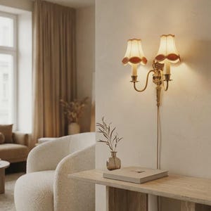 Vintage Brass Double Arm Sconce – Ornate Rococo Lamp with Fabric Shades