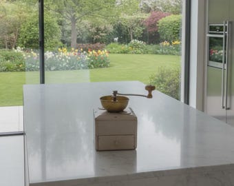 May include: A manual coffee grinder with a square, off-white wooden base and a brass hopper. The grinder features a metal hand crank with a wooden knob on top, positioned on a white marble kitchen island surface in a bright, open space.