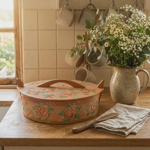 Panera sueca vintage, caja de madera pintada, arte popular escandinavo, almacenamiento de cocina de estilo cottagecore.