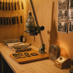 Puede incluir: Una ampliadora fotográfica vintage con cabezal de metal gris y base de madera, junto a un reloj analógico gris y un pequeño temporizador de madera. Varias tiras de negativos cuelgan de una cuerda y hay tres bandejas blancas con pinzas.