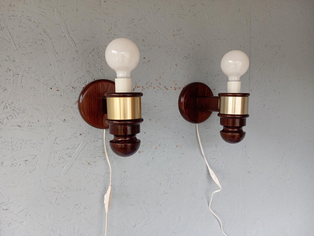 View of Vintage Turned Wood & Brass Wall Sconces - Scandinavian Design - Etsy
