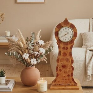 Vintage wooden Swedish Mora table clock, Swiss quartz movement, handmade, folk-style home decoration.