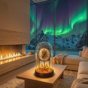 May include: A gold-toned anniversary clock with a circular white face, black Roman numerals, and a rotating pendulum, enclosed within a clear glass dome on a dark wooden base, featuring a metallic finish and intricate mechanical details.