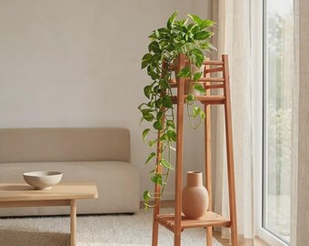 Swedish Pine Plant Stand, Mid Century Pedestal, Vintage Wooden Flower Column, Japandi Decor