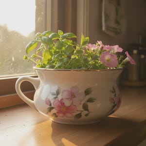 Vintage Blumentopf / Übertopf aus Porzellan mit handgemalten Rosenblüten, Goldrand und Shabby Chic Dekor