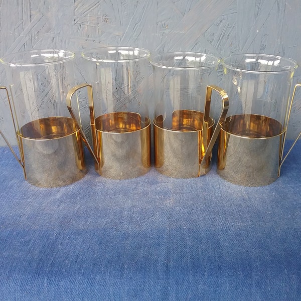 Vintage 4er Set Glaskaffeetassen, Irish-Kaffeeglas, irische Kaffeetassen mit goldenen Griffen, skandinavische Griffe mit irischen Kaffeegläsern
