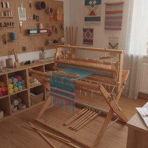 Può includere: Un telaio in legno con un tessuto a righe blu e bianche parzialmente intrecciato si trova in una stanza dedicata all'artigianato. La stanza presenta una parete forata con vari attrezzi, scaffali pieni di gomitoli e una scrivania.