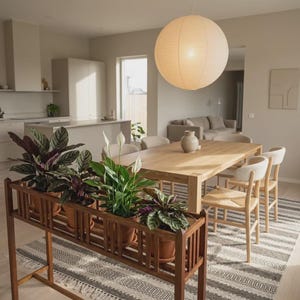 May include: A wooden plant stand with four potted plants, including a peace lily and calathea varieties, positioned in a dining room. The room features a light wood dining table, beige chairs, a large paper globe pendant light, and a striped rug.