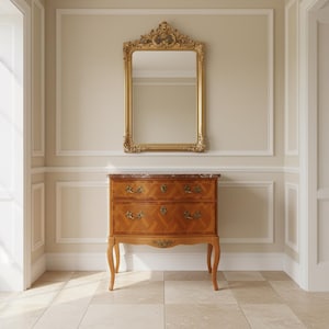 Cassettiera scandinava, comò con piano in marmo rosso, toletta barocca antica, comodino svedese, tavolino da ingresso con 2 cassetti.
