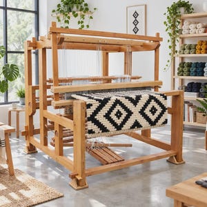 Peut inclure: Un grand métier à tisser en bois doté d'un cadre robuste avec plusieurs poutres horizontales et des fils verticaux. Un textile partiellement tissé avec un motif géométrique en losanges noir et blanc est visible sur le devant.