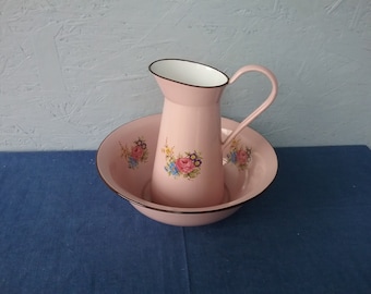 Vintage Yugoslav Enameled Washing Set, Pink Washing Jug and Bowl, Farmhouse, Metal Washing Set