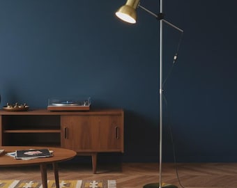 Horn Danish vintage floor lamp with adjustable arm. Mid-century minimalist reading lamp.