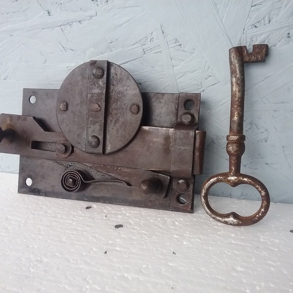 Antique Swedish Door Lock with Key, Hand Forged Lock, Door Bolt Lock, Wrought Iron Lock and Key, Farmhouse Decor, Blacksmith product