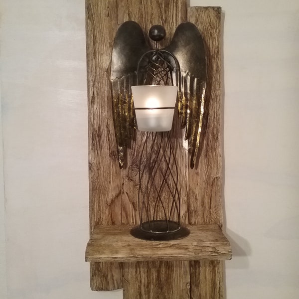 Rustic Wall Candle Holder/Metalwork/Primitive Wooden Shelf/Angel Candle Holder