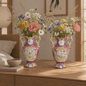 Könnte beinhalten: Zwei verzierte Keramikvasen mit tiefroter Basis, komplexen goldenen und blauen Schnörkeln sowie Blumenmotiven. Jede Vase hat zwei seitliche Griffe und ist mit einem lebendigen Arrangement aus Gänseblümchen, Mohnblumen und Kornblumen gefüllt.
