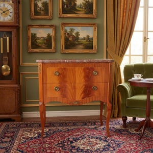 Nordic Baroque Chest of Drawers, Red Marble Accent Table. image 2